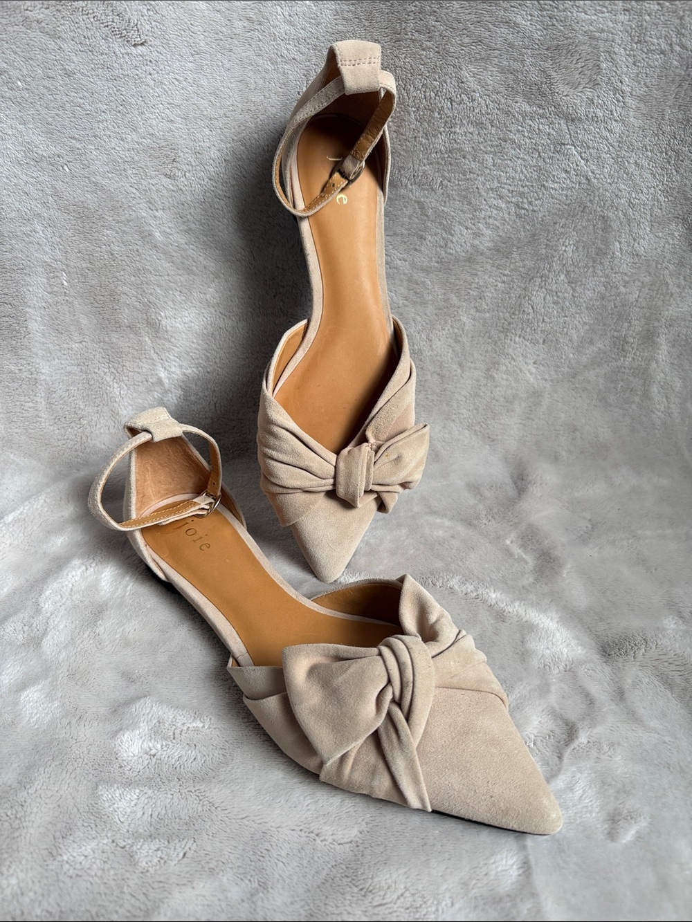 Joie Beige Suede Bow Pointed Toe Flats